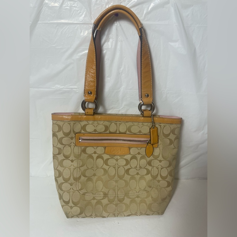 Coach F 14693 signature canvas leather tote bag